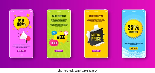 One week offer bubble. Phone screen banner. Discount banner shape. Special offer icon. Sale banner on smartphone screen. Mobile phone web template. One week promotion. Vector
