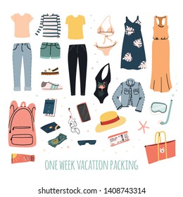 One week vacation packing hand drawn illustration. Set of female clothes for summer trip. Travel carry on luggage - pants and jeans, dress and t-shirt, blouse and swimsuit etc. Stock vector