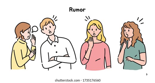 One is whispering rumors to the ear of another. The people next to him are looking surprised. hand drawn style vector design illustrations. 