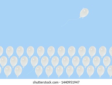 One white balloon flying changing direction ahead of the others, business innovation leadership think different new idea changing trend concept vector illustration