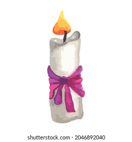 one white burning wax candle, made of paraffin with purple bow. flame of Christmas candle with bow and ribbon for New Year. Watercolor illustration
