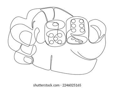 One white continuous line drawing hand with dice. Thin Line Illustration vector concept on black background. Contour Drawing Creative ideas.