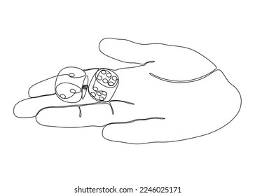 One white continuous line drawing hand with dice. Thin Line Illustration vector concept on black background. Contour Drawing Creative ideas.