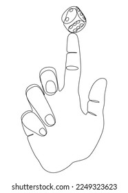 One white continuous line drawing index finger holding dice. Thin Line Illustration vector concept on black background. Contour Drawing Creative ideas.