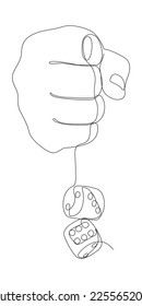 One white continuous line drawing hand with dice. Thin Line Illustration vector concept on black background. Contour Drawing Creative ideas.