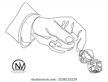 One white continuous line drawing hand with dice. Thin Line Illustration vector concept on black background. Contour Drawing Creative ideas.
