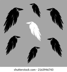One white crow among all blacks crows. Not like everyone else concept. Different, outsider, individual. Other thinking. Vector illustration.