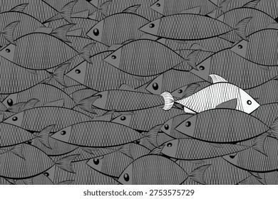 One white fish swimming in the opposite direction against a crowd of gray fish; concept of individuality, standing out from the crowd, and unique leadership