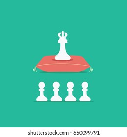 one white flat design chess piece king or queen game for business boss isolated or manager illustration vector on a royal pillow or cushion & pawns pieces slaves or employees modern isolated cartoon