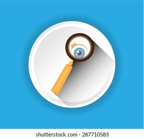 One white, gray, simple, isolated, rounded, modern icon, button, label, sticker, sign with magnifier with blue eye with lashes, long shadow, design for website, blue background