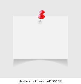 One white note papers with curled corner, pinned pushbutton, ready for your message. Isolated on white background. clerical buttons, hammer, colored pin pixel art inspiration, push pins in red color