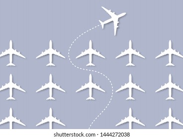 One white plane changing direction ahead of the others, business innovation leadership think different new idea changing trend concept vector illustration