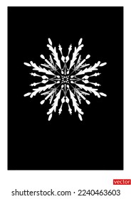 One white snowflake on a black background. Snowflake icon. Black and white pattern. Ornament. Symbol of frost, snow, winter. Design element of New Year, Christmas card, greeting. Vector