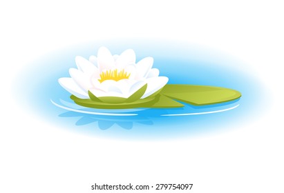 One white water lily with green leaf on blue water