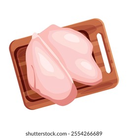 one whole chicken breast on bread board isolated on white background