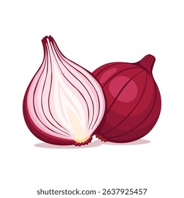 One whole and one halved red onion, showing its layers, a flavorful ingredient. 