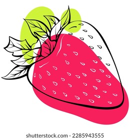 One whole strawberry outline. Stylish sketch with abstract colored spots. Black lines with stain, blot. Vector hand drawn modern illustration isolated on white. Fruit design for print, logo and other