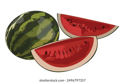 One whole watermelon and two triangle shape pieces of cut watermelon, isolated on white background.