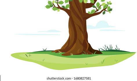 One wide massive old oak tree trunk with green leaves isolated illustration, majestic oak trunk on green meadow with grass in summer day isolated, part of tree