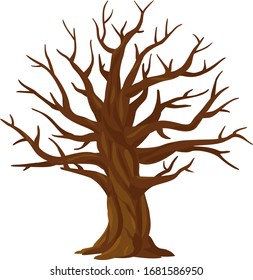 One wide massive old oak tree without leaves isolated illustration, majestic oak without foliage with a rough trunk and big crown, mystical brown tree