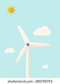 Un molino de viento parado bajo el calor del sol. Un estilo contemporáneo con paleta pastel, un fondo suave de tonos azules con nubes desaturadas. Ilustración de diseño plana vectorial. Diseño vertical.