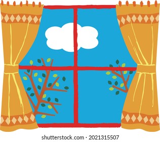 One window with a curtain that shows one cloud and two trees 