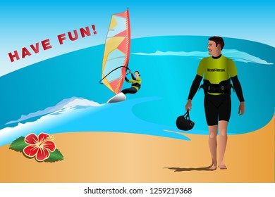One windsurfer rides the wave, the second windsurfer stay on the beach