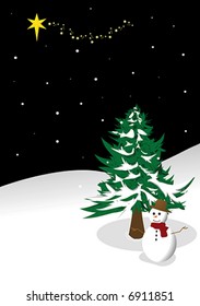 One winter night illustration with a Christmas tree and a snowman under the North Star.