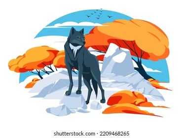 Ein Wolf steht auf einem Stein. Wilde Tiere. Herbstwaldhintergrund. Vektorgrafik
