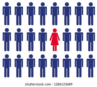 one woman among many men pictogram blue and pink vector illustration