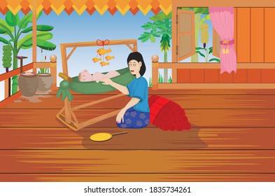 one woman with a baby in the crib at home vector design