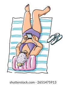One woman in beach holiday, summer vacation, lying on seashore, using smartphone, tanned, relaxing, top view, realistic outline hand drawing, vector illustration isolated on white