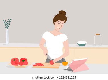 One woman is happily studying cooking by herself in the kitchen. Vector illustration.