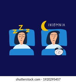 One woman have good sleep and another have insomnia. Illustration on dark background.