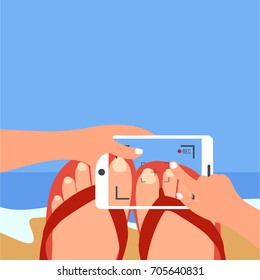 one woman Lying on the beach isolated. female take a photo or picture. camera record vector in mobile or cell phone. she holds a smart phone cartoon & video her legs or feet & flip flops flat design 