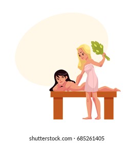 One woman massaging another with besom, bunch of birch branches, in sauna, cartoon vector illustration with space for text. Besom massage in spa sauna, two women spending time in bathhouse