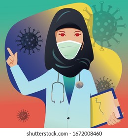 one woman muslim doctor wear medical mask , People who are in anxiety and fear because of the corona virus. Wuhan corona virus illustration. Iran pneumonia illustration.