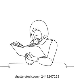 one woman reading a book - one line art vector. concept of a female student with a bob hairstyle reading a paper textbook or an interesting book. Hand made vector not AI