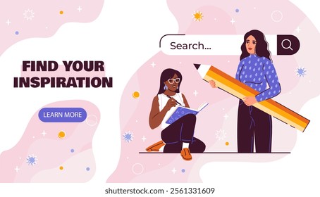 One woman sitting with a notebook and pencil, the other holding giant pencil, set against pink abstract background with Find Your Inspiration text. Webpage design. Cartoon flat vector illustration