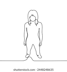 one woman stands at full height, top view - one line art vector. concept young woman standing silhouette. Hand made vector not AI