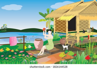 one woman take a bath in front of straw hut vector design