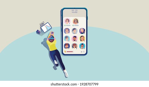 One woman use headphones listens to a smartphone, screen show status of people using social networking applications, Club, house Drop in Audio, learning or meeting online, Vector illustration, Flat