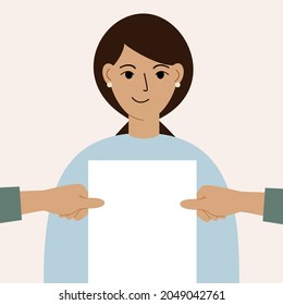 One woman watch as another woman shows him a blank sheet of paper. A poster with space for text is recommended as a gesture. Advertising, ad concept for banner, website design or landing web page