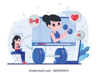 One woman watches fitness video tutorials from home for her to do. Vector illustration