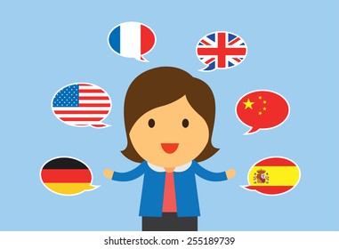 One women can speaking multilingual in flat cartoon version