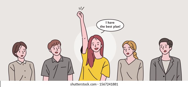 One of the women is raising her hand and talking. flat design style minimal vector illustration.