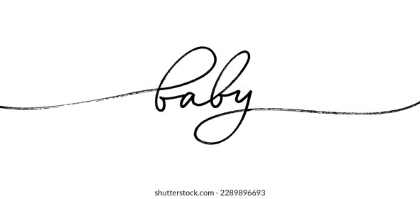 One word baby handwritten with a line. Hand drawn vector calligraphy phrase isolated on white. Mono line simple lettering with swooshes. Baby shower party phrase for banner, invitation, child card. 