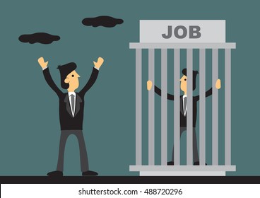 One worker trapped inside cage titled JOB and one businessman outside feeling free and liberated. Creative vector illustration on concept and metaphor for feeling trapped in job.