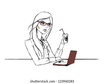 One working day of lovely woman with laptop and coffee