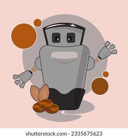 one of the works that I made is a coffee machine robot character, which can be used for digital and print media